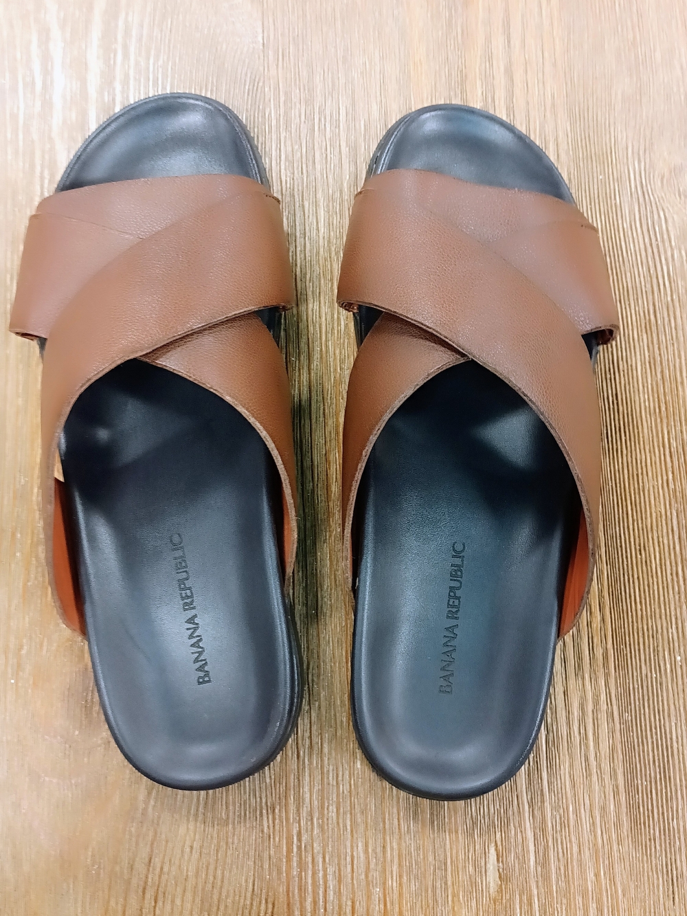 Banana Republic Men's Tan Leather Cross-Strap Slide Sandals